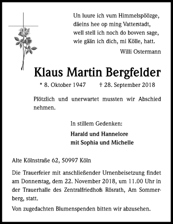 Anzeige von Klaus Martin Bergfelder von Kölner Stadt-Anzeiger / Kölnische Rundschau / Express