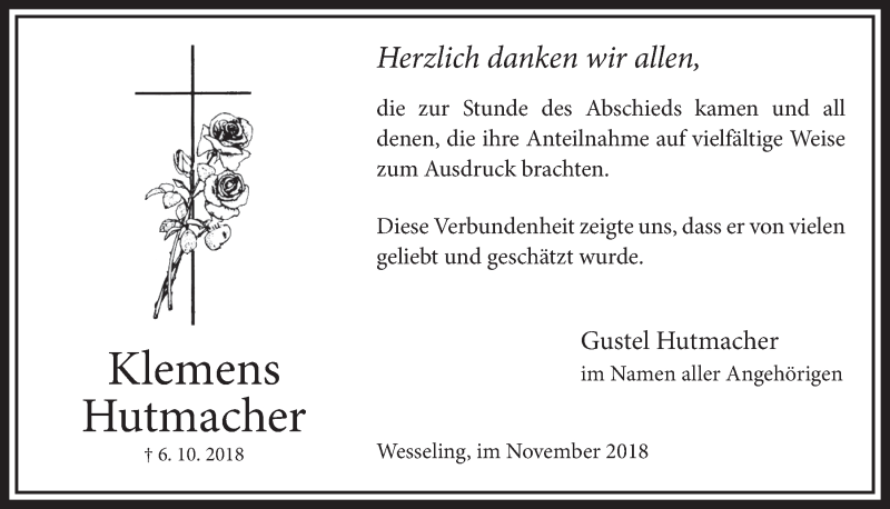  Traueranzeige für Klemens Hutmacher vom 07.11.2018 aus  Schlossbote/Werbekurier 
