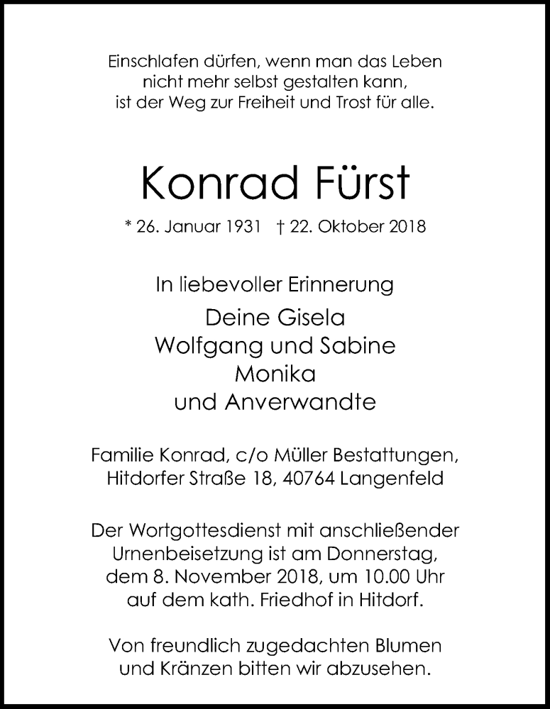  Traueranzeige für Konrad Fürst vom 03.11.2018 aus Kölner Stadt-Anzeiger / Kölnische Rundschau / Express
