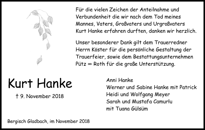  Traueranzeige für Kurt Hanke vom 29.11.2018 aus Kölner Stadt-Anzeiger / Kölnische Rundschau / Express