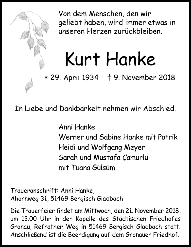  Traueranzeige für Kurt Hanke vom 15.11.2018 aus Kölner Stadt-Anzeiger / Kölnische Rundschau / Express
