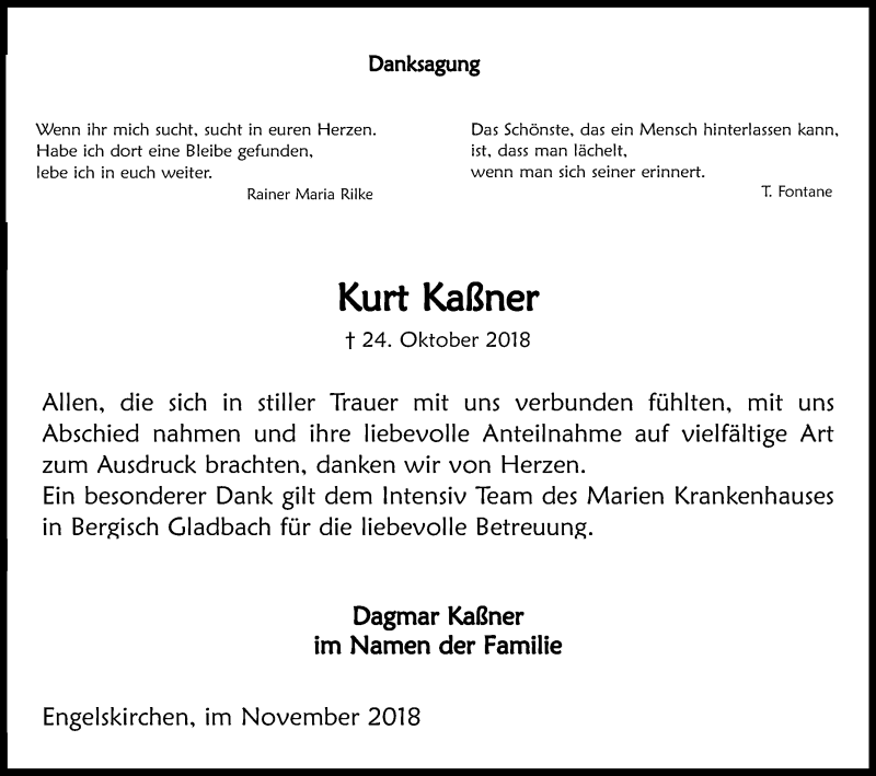 Traueranzeige für Kurt Kaßner vom 21.11.2018 aus Kölner Stadt-Anzeiger / Kölnische Rundschau / Express