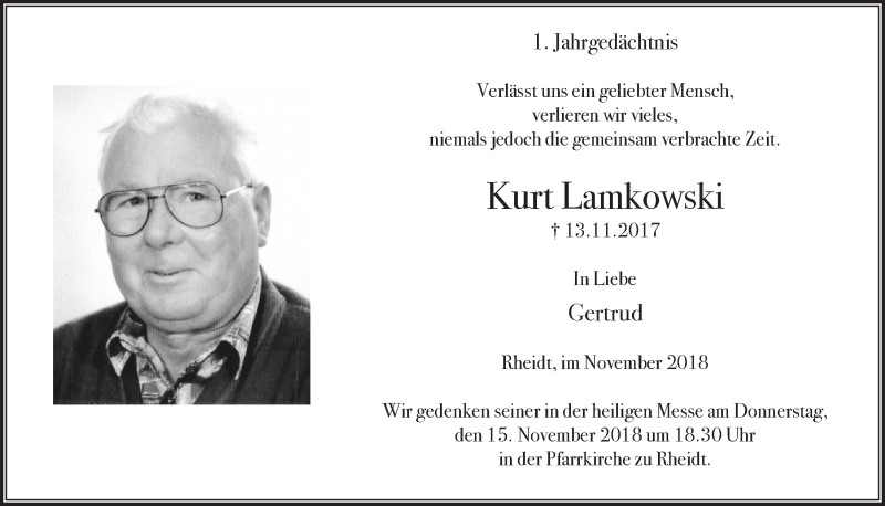  Traueranzeige für Kurt Lainkowski vom 07.11.2018 aus  Extra Blatt 