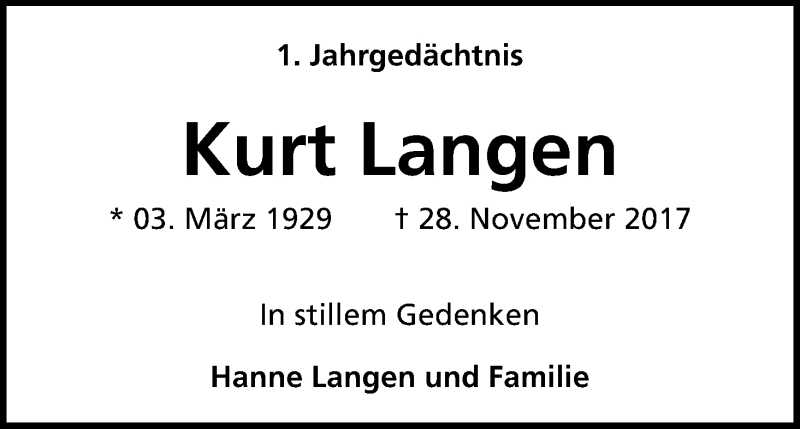  Traueranzeige für Kurt Langen vom 28.11.2018 aus Kölner Stadt-Anzeiger / Kölnische Rundschau / Express