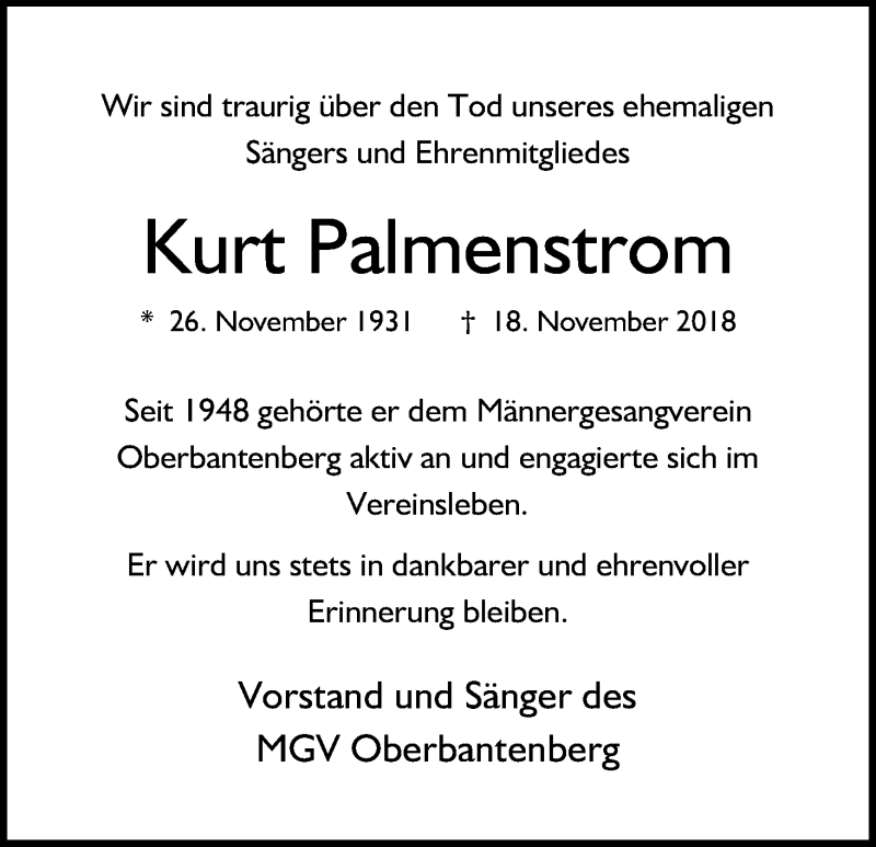  Traueranzeige für Kurt Palmenstrom vom 24.11.2018 aus Kölner Stadt-Anzeiger / Kölnische Rundschau / Express