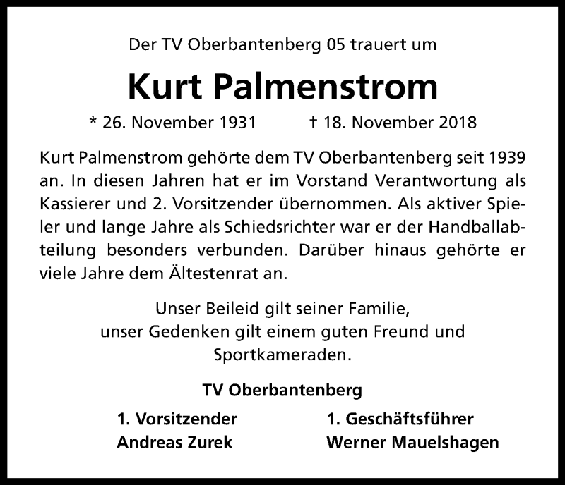  Traueranzeige für Kurt Palmenstrom vom 29.11.2018 aus Kölner Stadt-Anzeiger / Kölnische Rundschau / Express