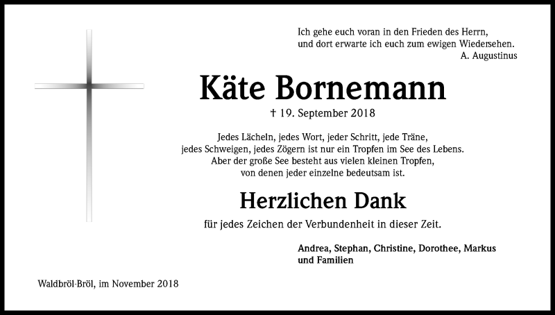  Traueranzeige für Käte Bornemann vom 01.12.2018 aus Kölner Stadt-Anzeiger / Kölnische Rundschau / Express