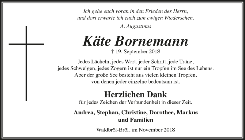  Traueranzeige für Käte Bornemann vom 28.11.2018 aus  Lokalanzeiger 