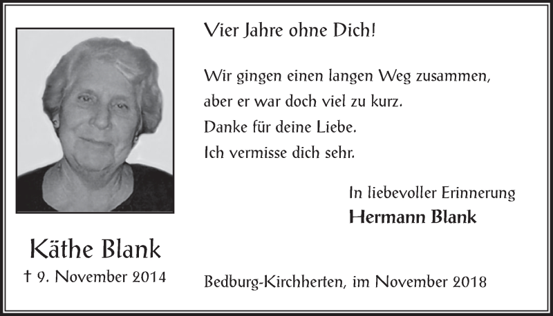  Traueranzeige für Käthe Blank vom 07.11.2018 aus  Werbepost 