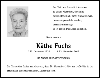 Anzeige von Käthe Fuchs von Kölner Stadt-Anzeiger / Kölnische Rundschau / Express