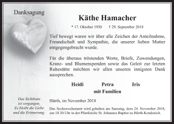 Anzeige von Käthe Hamacher von  Wochenende 