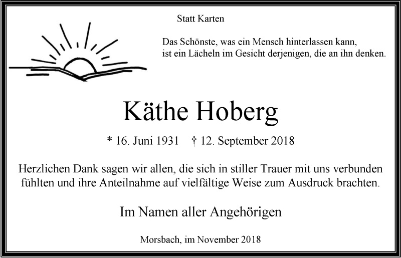  Traueranzeige für Käthe Hoberg vom 07.11.2018 aus  Lokalanzeiger 