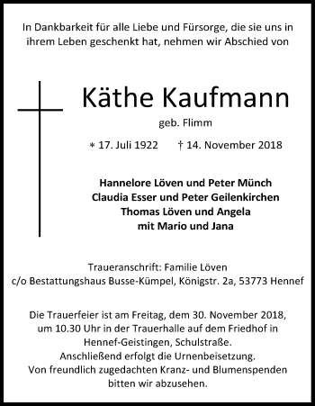 Anzeige von Käthe Kaufmann von Kölner Stadt-Anzeiger / Kölnische Rundschau / Express