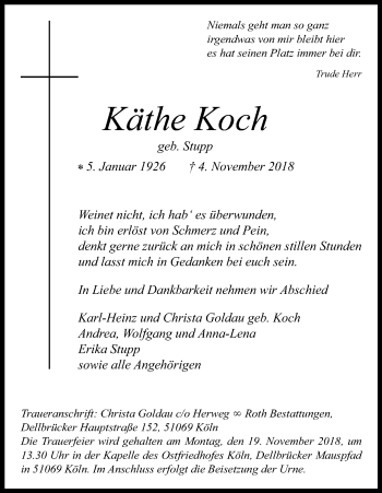 Anzeige von Käthe Koch von Kölner Stadt-Anzeiger / Kölnische Rundschau / Express