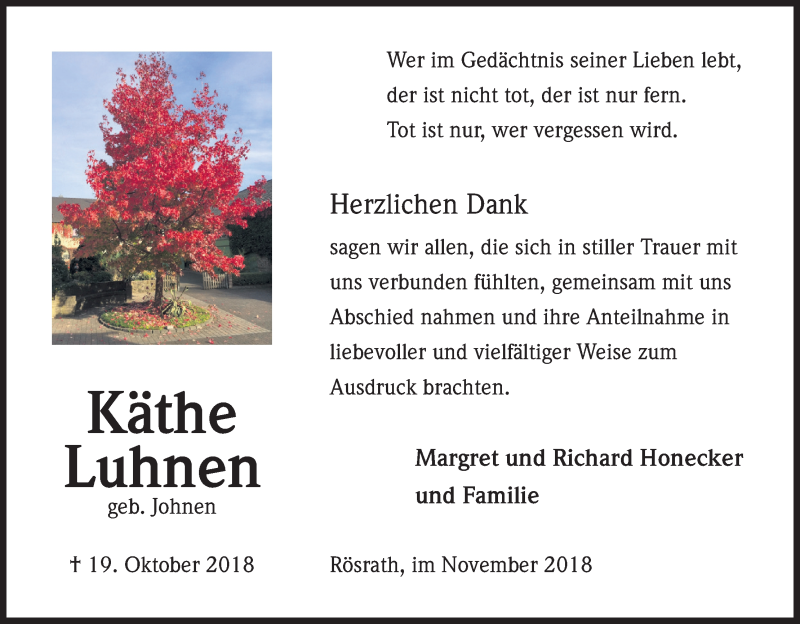  Traueranzeige für Käthe Luhnen vom 24.11.2018 aus Kölner Stadt-Anzeiger / Kölnische Rundschau / Express