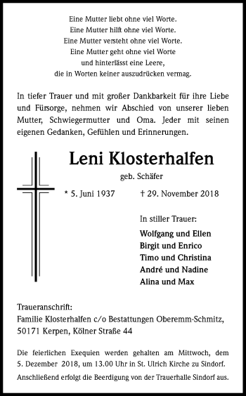 Anzeige von Leni Klosterhalfen von Kölner Stadt-Anzeiger / Kölnische Rundschau / Express