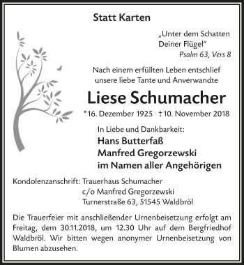 Anzeige von Liese Schumacher von  Lokalanzeiger 