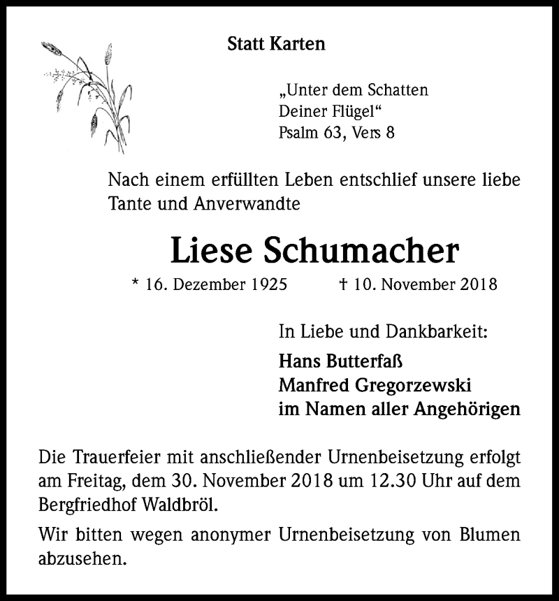  Traueranzeige für Liese Schumacher vom 23.11.2018 aus Kölner Stadt-Anzeiger / Kölnische Rundschau / Express