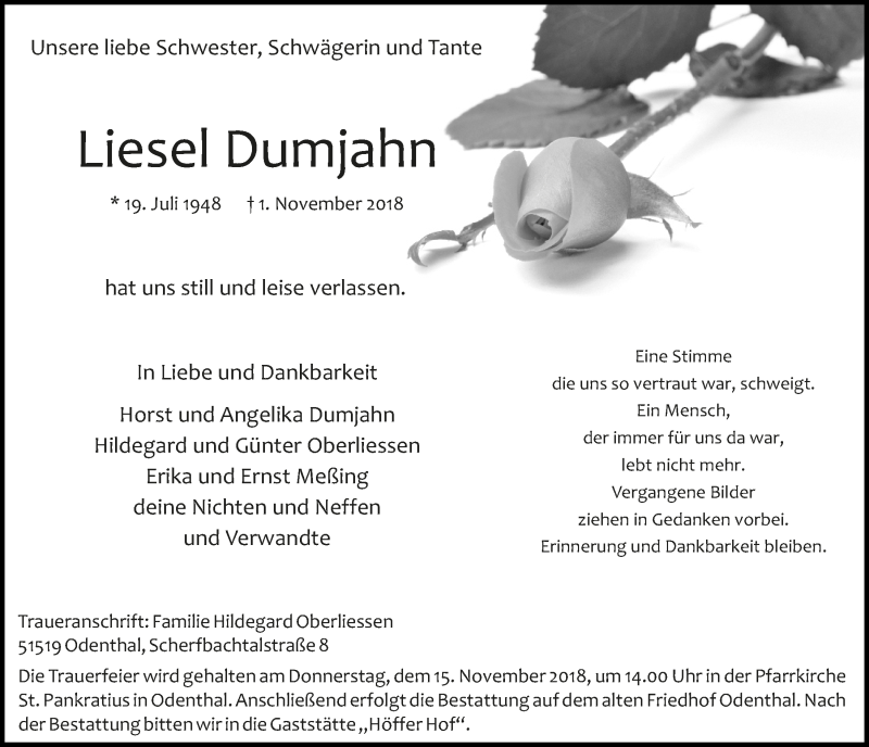  Traueranzeige für Liesel Dumjahn vom 07.11.2018 aus  Bergisches Handelsblatt 