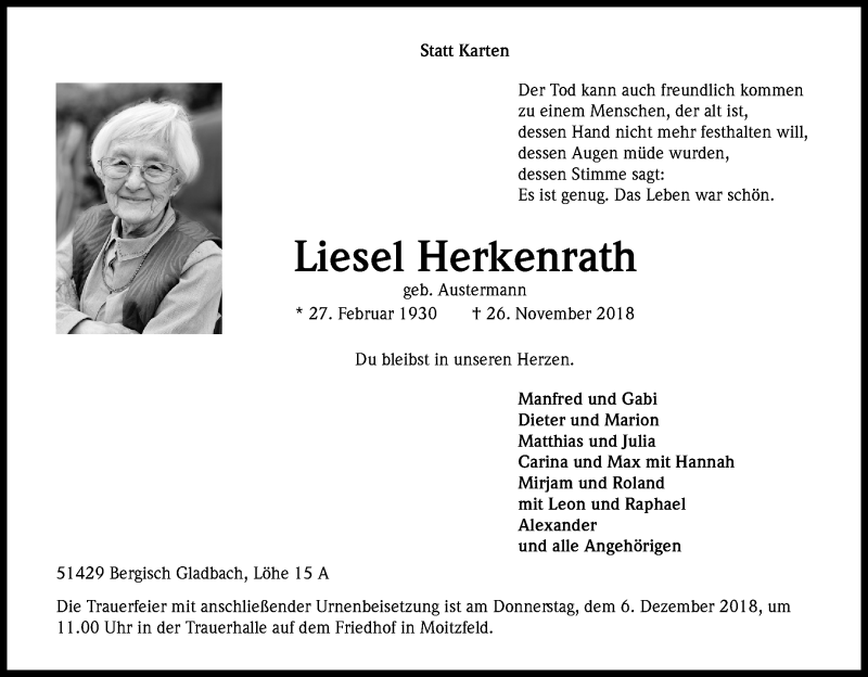  Traueranzeige für Liesel Herkenrath vom 01.12.2018 aus Kölner Stadt-Anzeiger / Kölnische Rundschau / Express