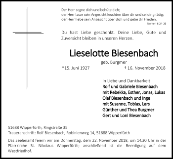 Anzeige von Lieselotte Biesenbach von Kölner Stadt-Anzeiger / Kölnische Rundschau / Express