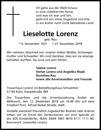 Anzeige von Lieselotte Lorenz von Kölner Stadt-Anzeiger / Kölnische Rundschau / Express
