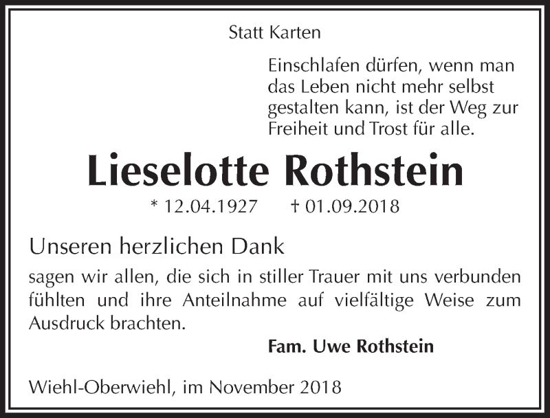  Traueranzeige für Lieselotte Rothstein vom 07.11.2018 aus  Anzeigen Echo 