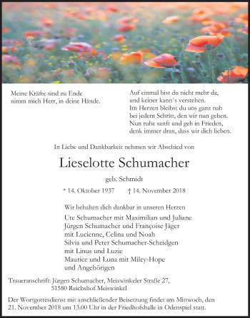 Anzeige von Lieselotte Schumacher von Kölner Stadt-Anzeiger / Kölnische Rundschau / Express