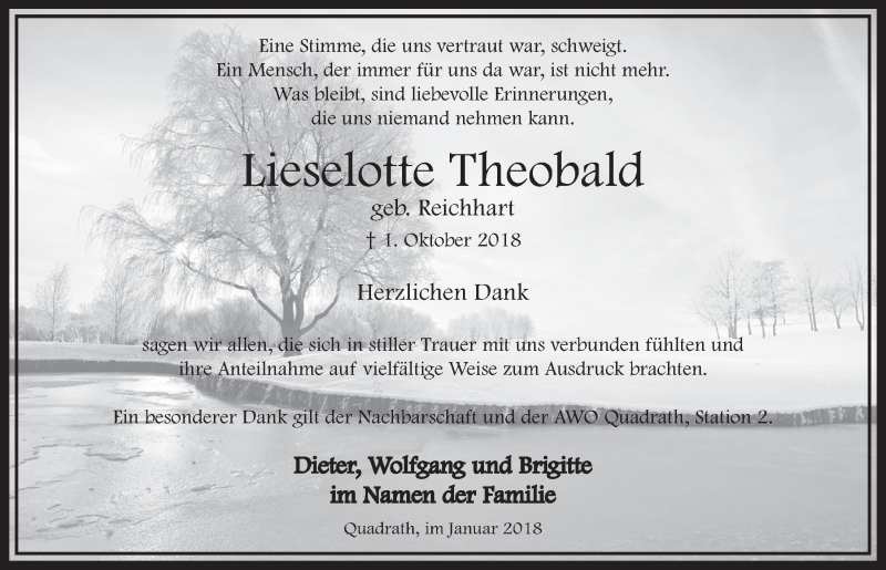  Traueranzeige für Lieselotte Theobald vom 10.11.2018 aus  Sonntags-Post 
