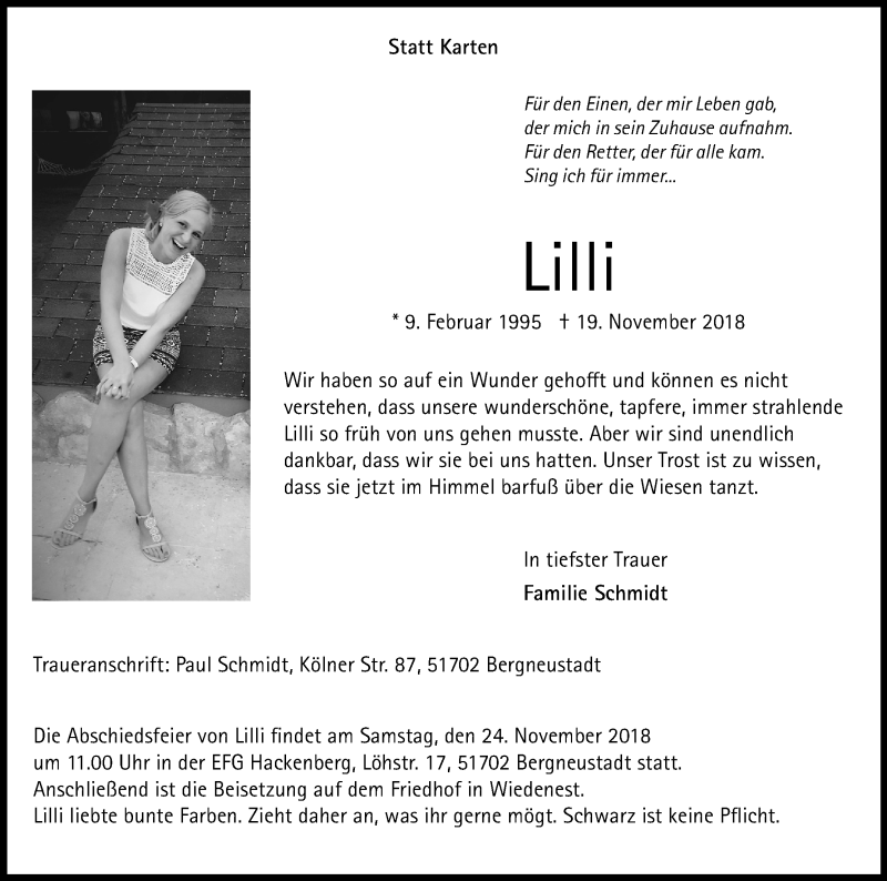  Traueranzeige für Lilli Schmidt vom 22.11.2018 aus Kölner Stadt-Anzeiger / Kölnische Rundschau / Express