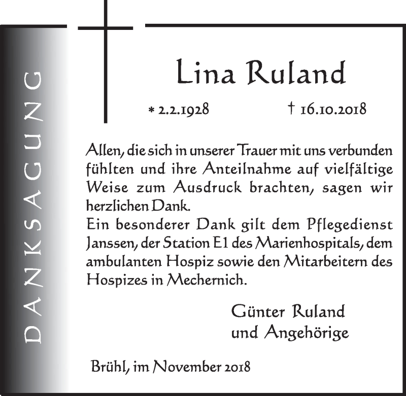 Traueranzeige für Lina Ruland vom 21.11.2018 aus  Schlossbote/Werbekurier 