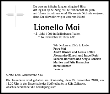 Anzeige von Lionello Moi von Kölner Stadt-Anzeiger / Kölnische Rundschau / Express