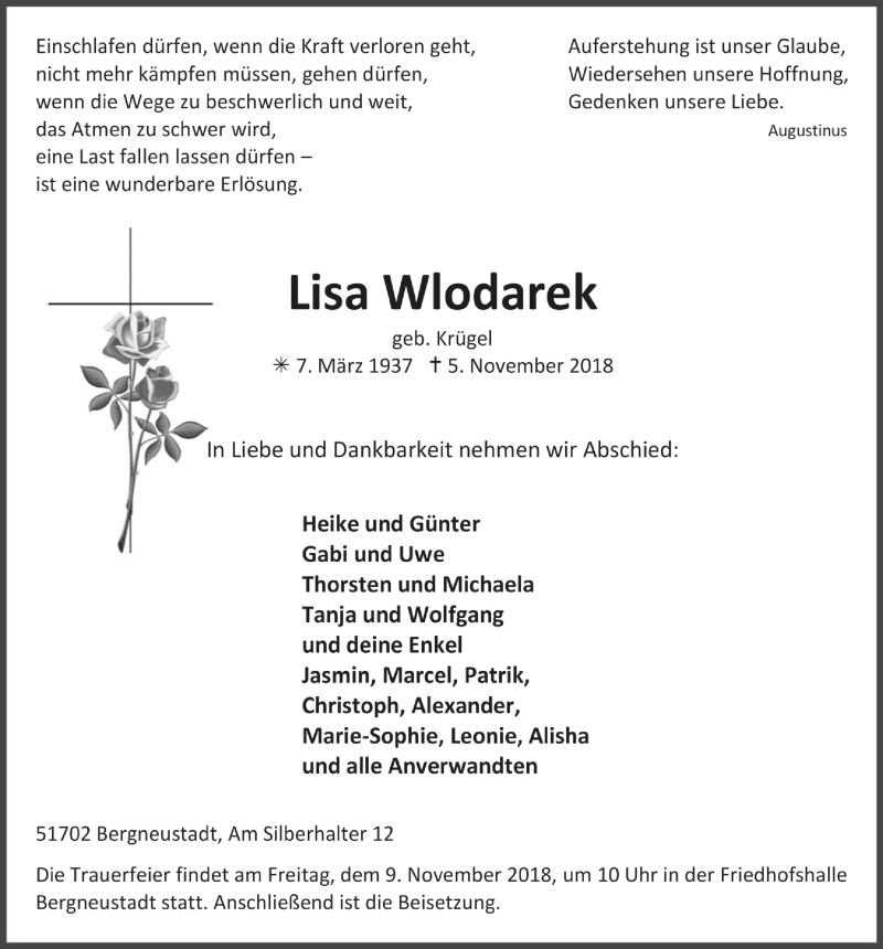  Traueranzeige für Lisa Wlodarek vom 07.11.2018 aus  Anzeigen Echo 