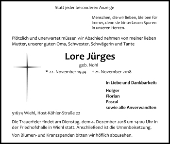 Anzeige von Lore Jürges von Kölner Stadt-Anzeiger / Kölnische Rundschau / Express
