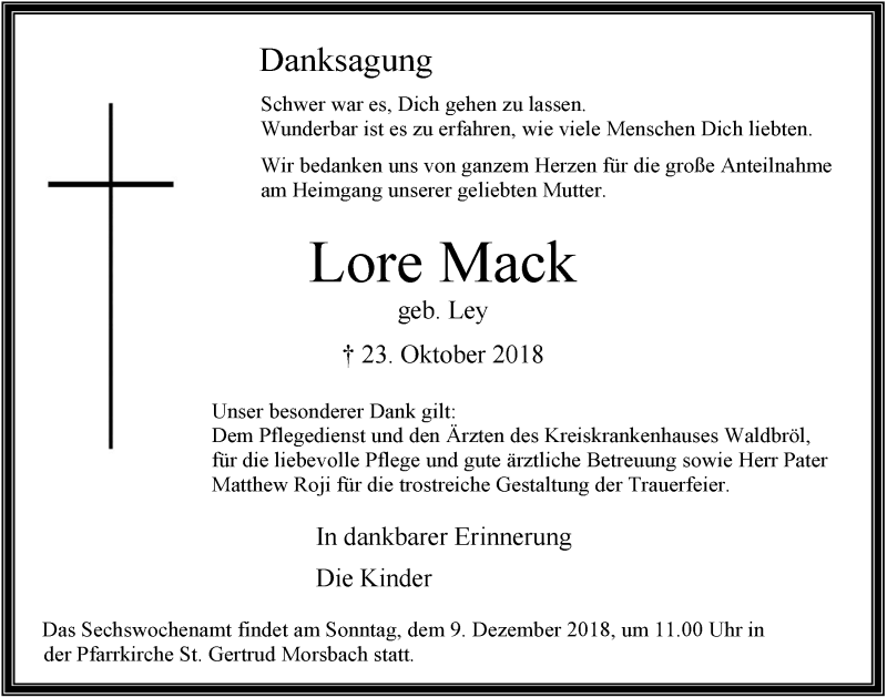  Traueranzeige für Lore Mack vom 28.11.2018 aus  Lokalanzeiger 