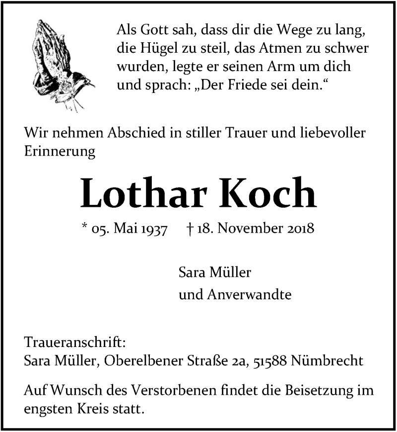  Traueranzeige für Lothar Koch vom 28.11.2018 aus  Anzeigen Echo  Lokalanzeiger 