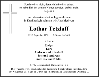Anzeige von Lothar Tetzlaff von Kölner Stadt-Anzeiger / Kölnische Rundschau / Express