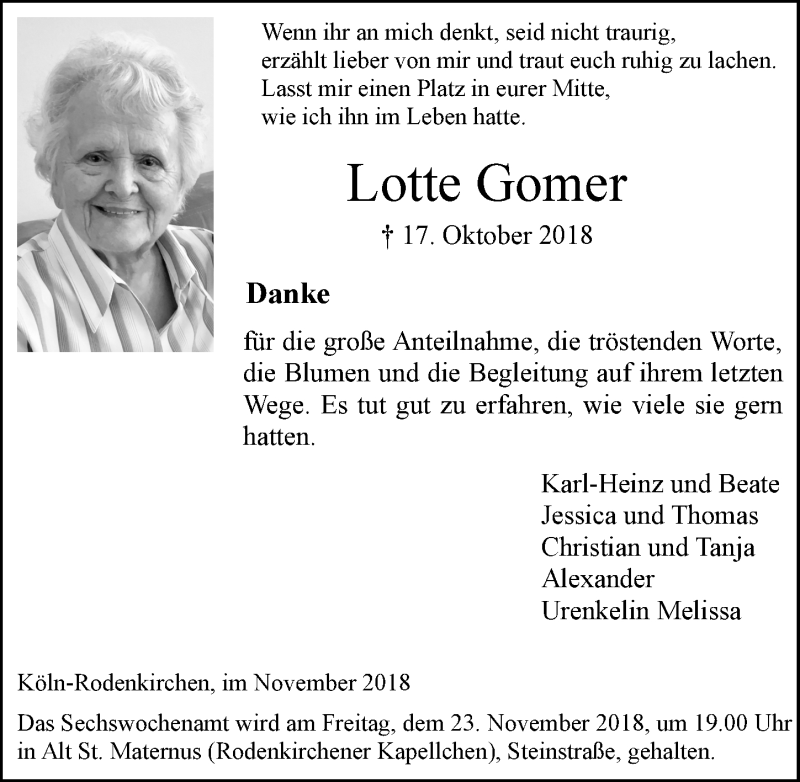  Traueranzeige für Lotte Gomer vom 07.11.2018 aus  Kölner Wochenspiegel 