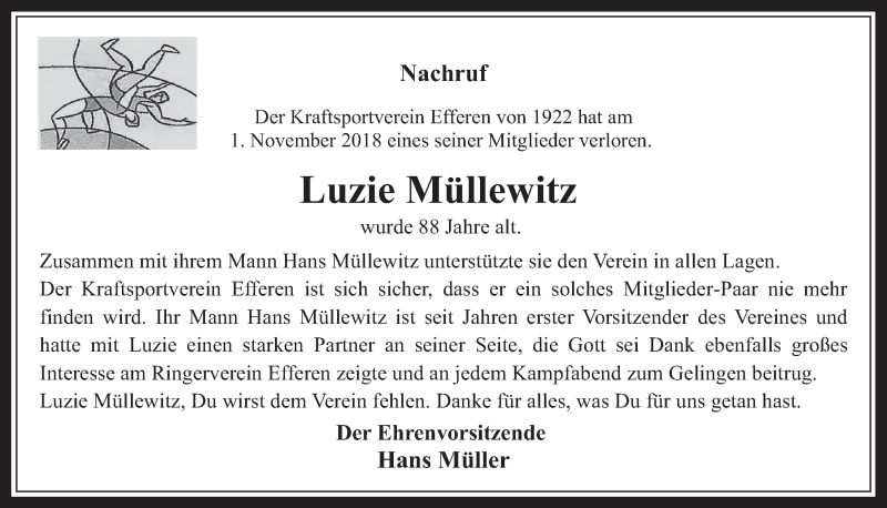  Traueranzeige für Luzie Müllewitz vom 14.11.2018 aus  Wochenende 