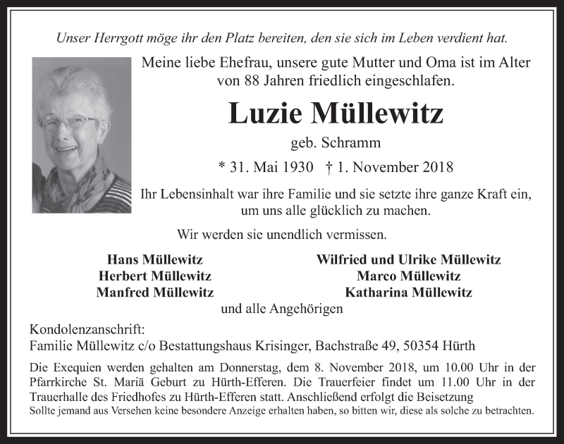  Traueranzeige für Luzie Müllewitz vom 07.11.2018 aus  Wochenende 