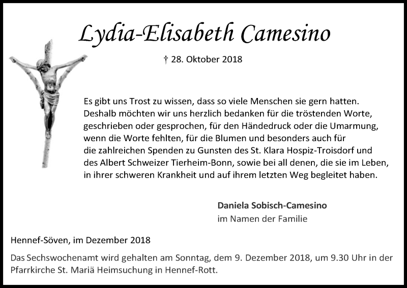  Traueranzeige für Lydia-Elisabeth Camesino vom 01.12.2018 aus Kölner Stadt-Anzeiger / Kölnische Rundschau / Express