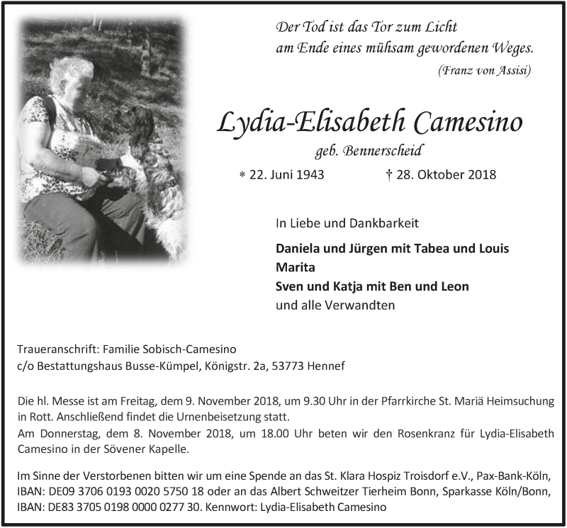  Traueranzeige für Lydia-Elisabeth Camesino vom 07.11.2018 aus  Extra Blatt 