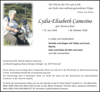 Anzeige von Lydia-Elisabeth Camesino von Kölner Stadt-Anzeiger / Kölnische Rundschau / Express