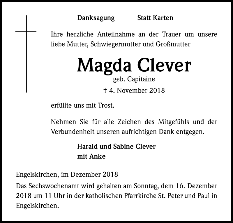  Traueranzeige für Magda Clever vom 01.12.2018 aus Kölner Stadt-Anzeiger / Kölnische Rundschau / Express