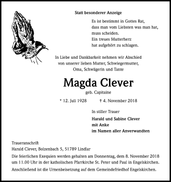 Anzeige von Magda Clever von Kölner Stadt-Anzeiger / Kölnische Rundschau / Express
