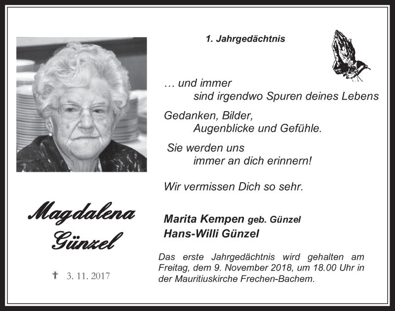 Traueranzeige für Magdalena Günzel vom 07.11.2018 aus  Wochenende 