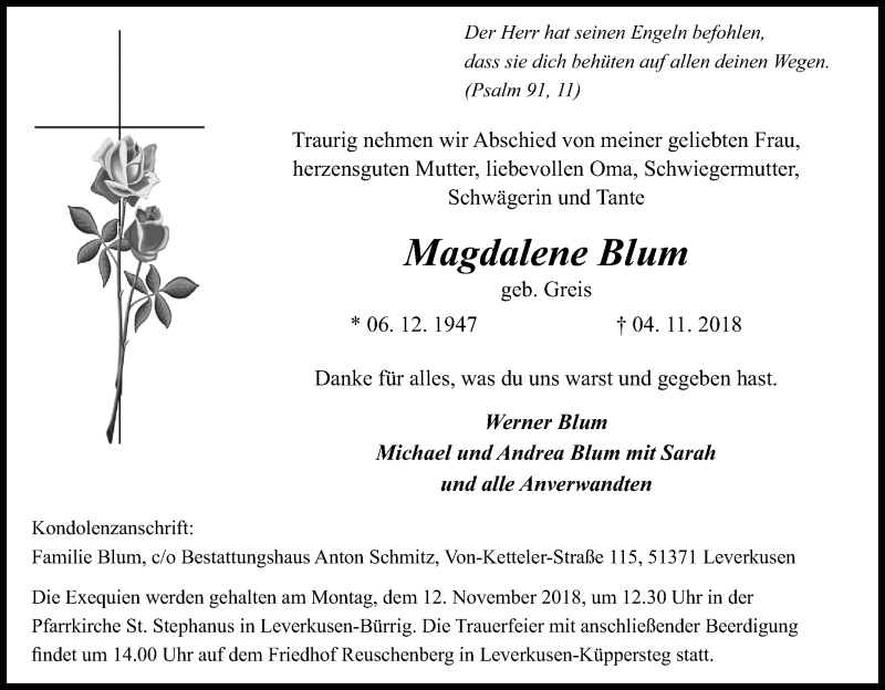  Traueranzeige für Magdalene Blum vom 08.11.2018 aus Kölner Stadt-Anzeiger / Kölnische Rundschau / Express