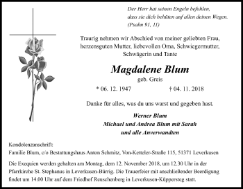 Anzeige von Magdalene Blum von Kölner Stadt-Anzeiger / Kölnische Rundschau / Express