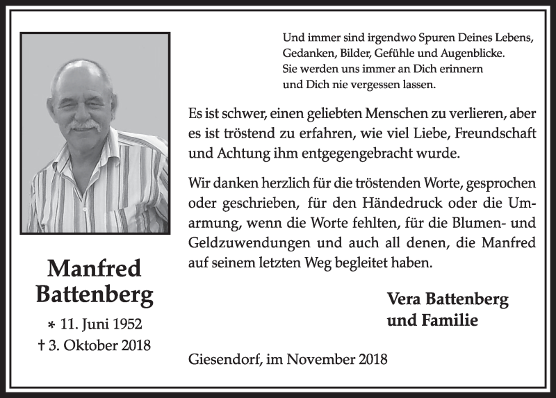  Traueranzeige für Manfred Battenberg vom 24.11.2018 aus  Sonntags-Post 