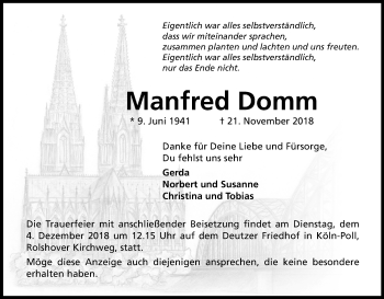 Anzeige von Manfred Domm von Kölner Stadt-Anzeiger / Kölnische Rundschau / Express